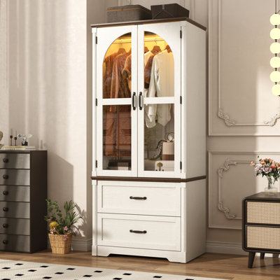 Grande armoire arquée de style campagnard avec éclairage à DEL, armoire de rangement pour vêtements autoportante de 72 po avec portes et tiroirs en verre pour la chambre à coucher