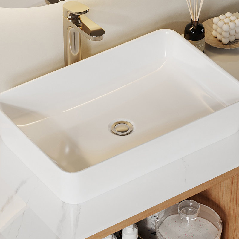 Meuble-lavabo flottant moderne 36 po, plateau en faux marbre luxueux et base en bois, Blanc, Bois clair
