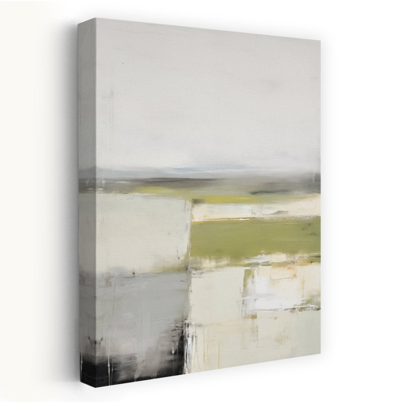«Hazy Horizon I - Contemporary Modern Farmhouse Abstract Modern Art Mute Tones Green Grey Cream Art», H 48 po x l 32 po