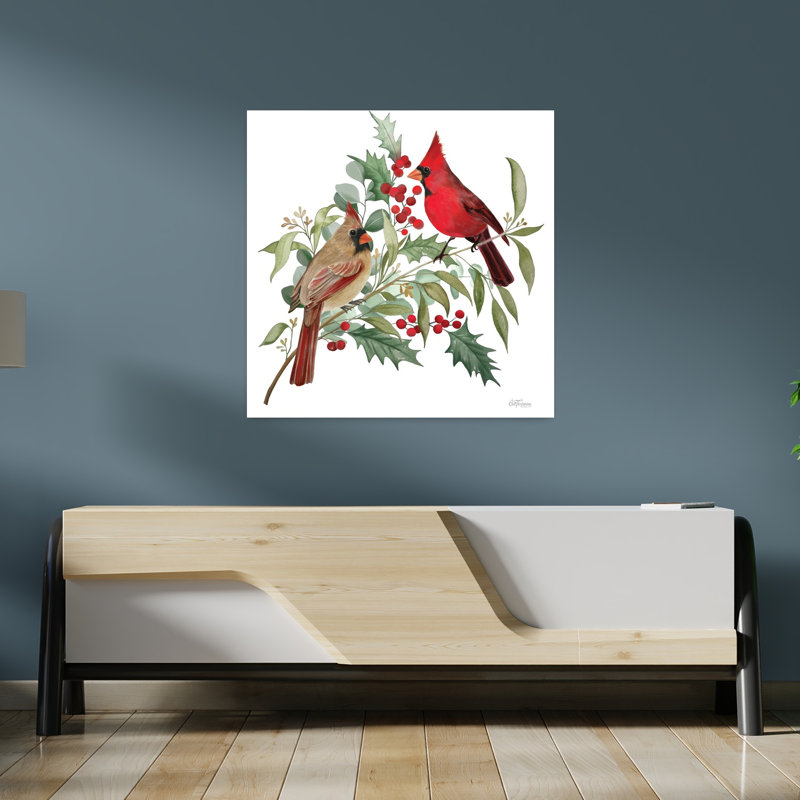 Cardinal Couple, oiseau contemporain, art d'hiver, H 36 po x l 36 po