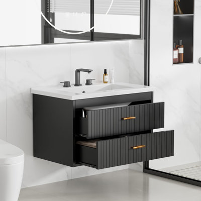 Modern Floating Bathroom Vanity with Basin – Wall Mounted Fluted Storage Cabinet