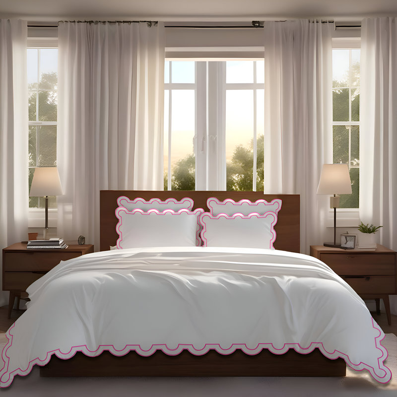 400TC Cotton U Shape Scallop Embroidery Sateen Solid Duvet Cover Set, King Duvet Cover + 2 King Pillowcases, Pink/White