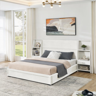 Queen Size Modern Storage Platform Bed Frame,Velvet Headboard with Side Bookcases and Drawer