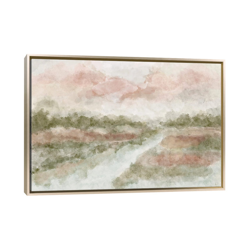 Eaux paisibles, H 18 po x l 26 po x P 1,5 po, Pas de tapis, Toile encadrée champagne