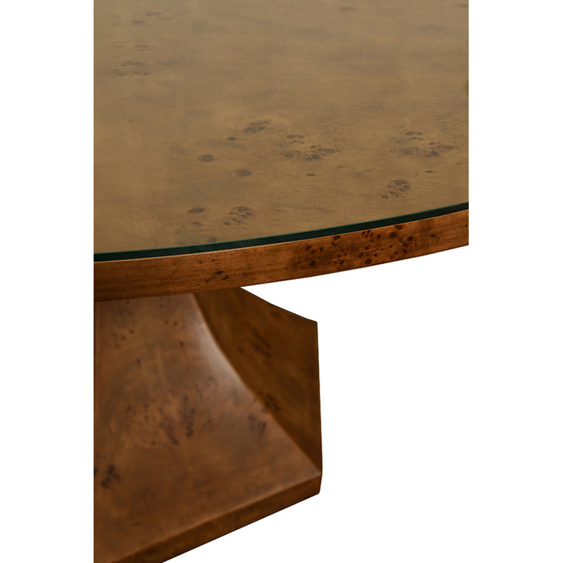 Glass Dining Table, Dark Burl Wood