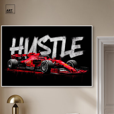 Hustle Speed Car Red Canvas Print Mancave Decor by Art Remedy, White Frame, 54 x 36