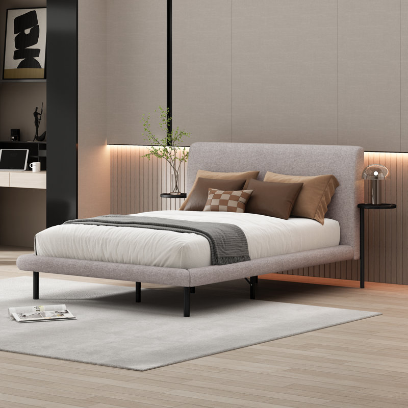 Arcola Upholstered Platform Bed with Side Table, Full/Double, Oatmeal