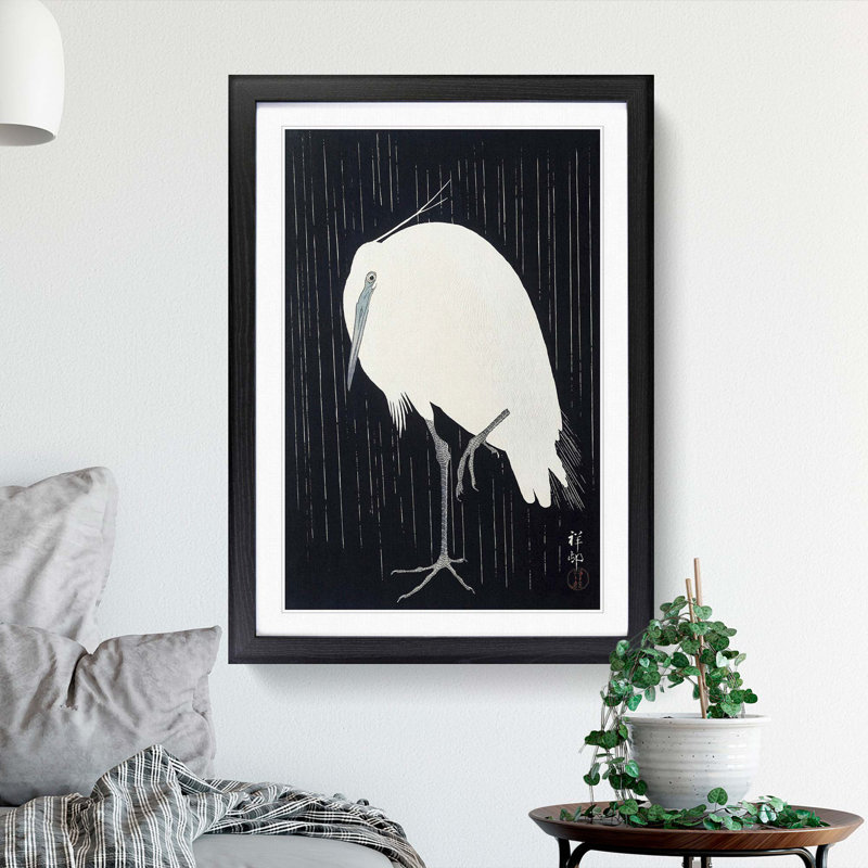 Egret in the Rain by Ohara Koson - Picture Frame Painting Print, 65cm H x 48cm W x 2cm D, Black Framed