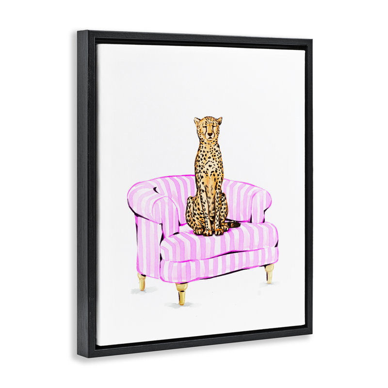 Cadre flottant guépard sur chaise rayée, design par Ziwei Li, Noir, H 21 po x l 17 po