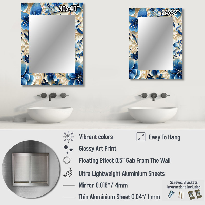 «Anwan Blue and White Flowers Retreat», miroir mural floral, miroir décoratif floral, impression d'art en métal