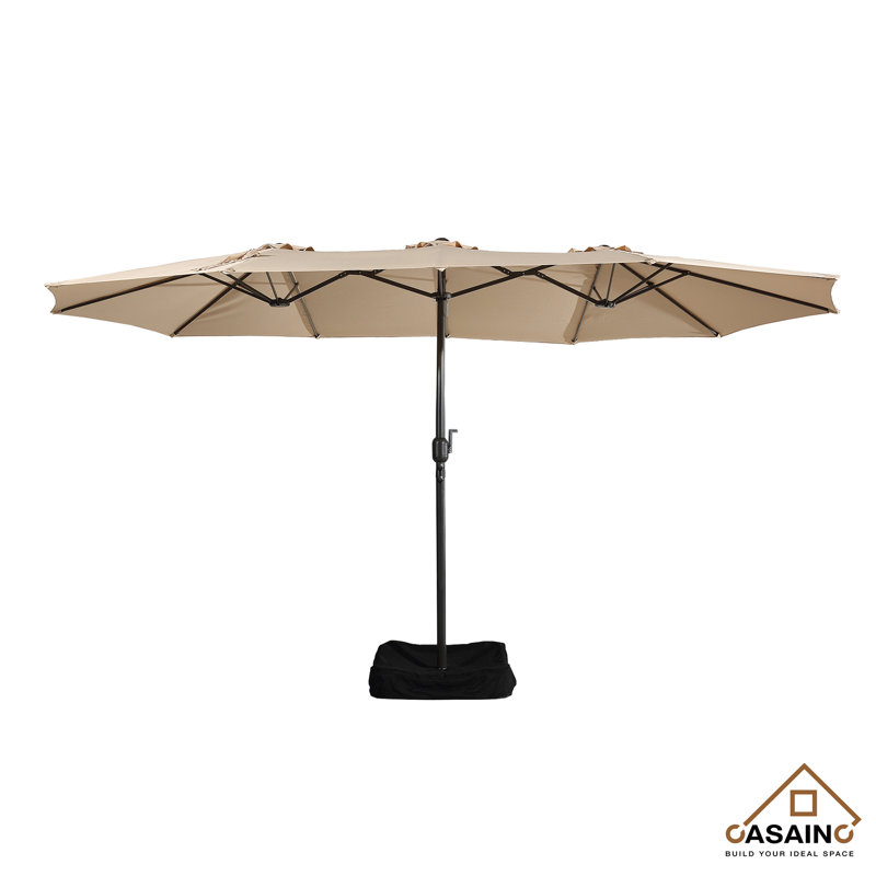 Tan Double-Sided Rectangular Market Umbrella with Iron Base