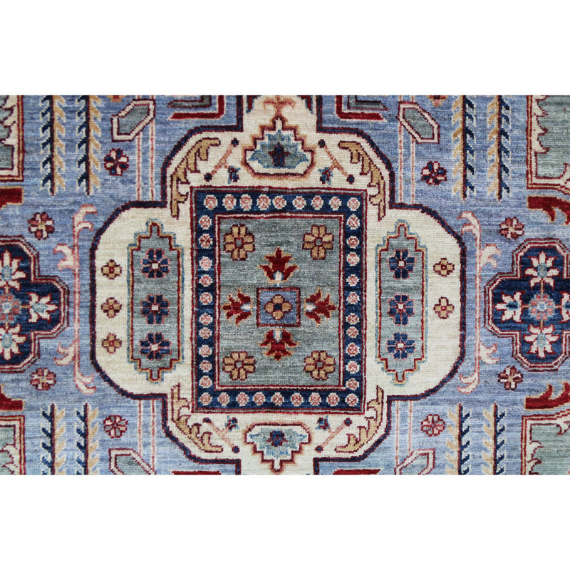 Tapis vert et bleu noué à la main de haute qualité