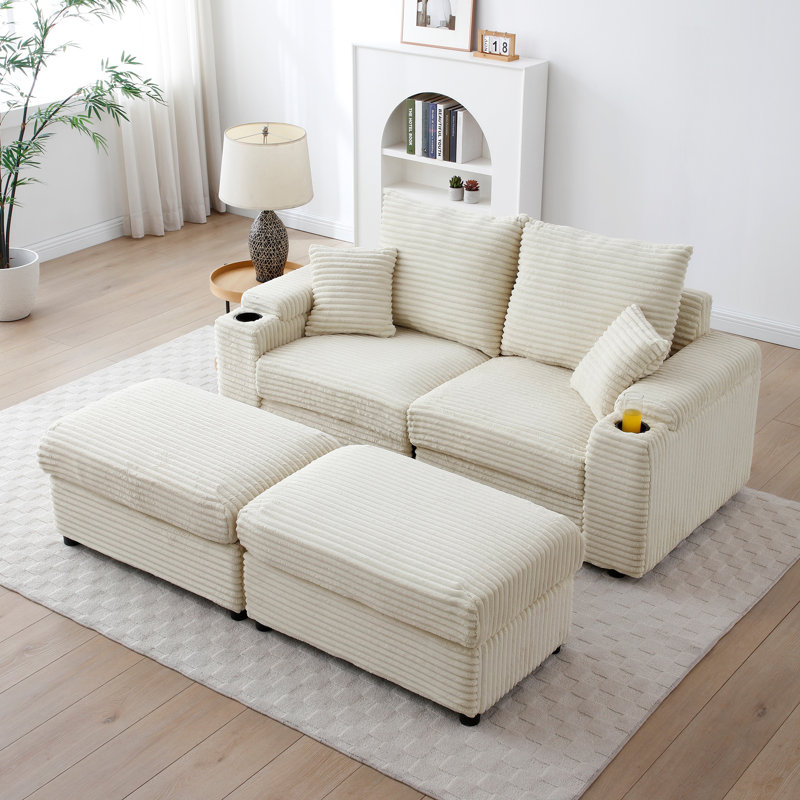 Tereas 70.5“ Upholstered Loveseat with Ottoman, Sectional Reversible Chaise Lounge, Beige