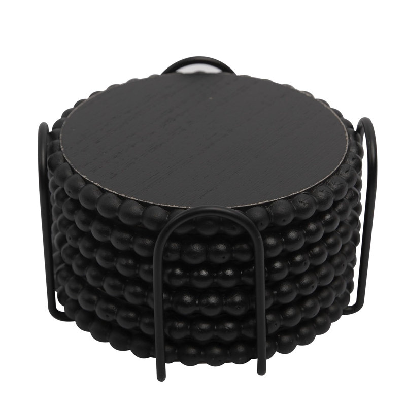 Agate Ceramic Jute Leather Crystal Round 6 Piece Coaster Set with Holder Set, Black