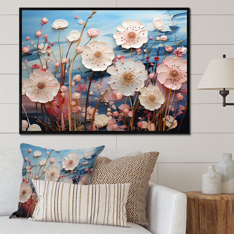 «Blue and Pink Poppy Meadows» - Art mural coquelicots, Cadre flottant noir, H 34 po x l 44 po x P 1,5 po