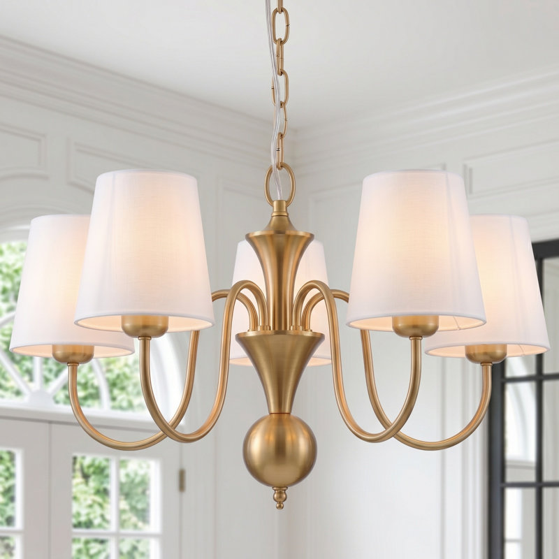  5-light Brushed Nickel With White Glass Shade Chandelier , Gold