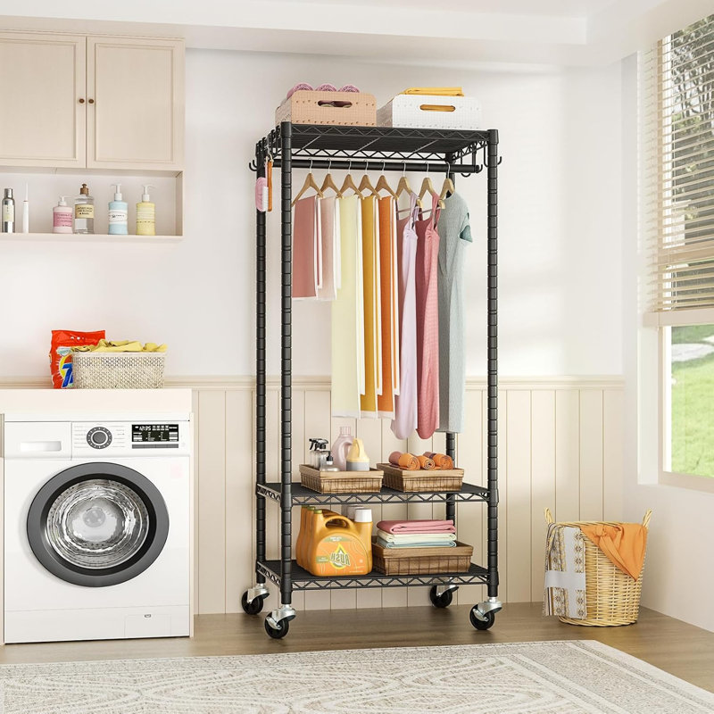 P6 Mini Rolling Clothes Rack Heavy Duty, Clothing Racks For Hanging Clothes, Freestanding Garment Rack With Wheels, Portable Closet Rack Max Load 360LBS, 23.6''W X 14''D X 74.6''H, Black