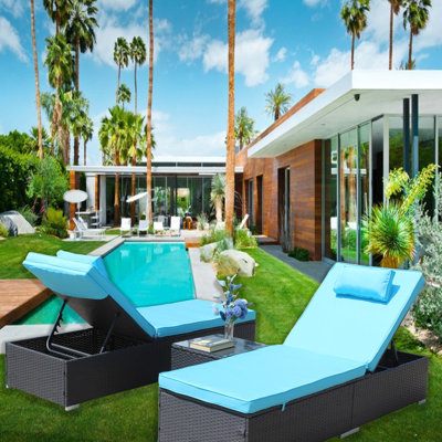 3-Piece Outdoor Patio Furniture Set Chaise Lounge, Patio Reclining Rattan Lounge Chair Chaise Couch Cushioned, Patio Seating Set
