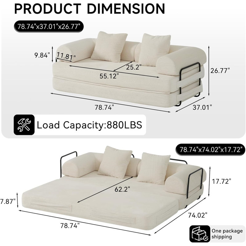 79-Inch Folding Convertible Sofa Bed With Fixed-Shape Frame