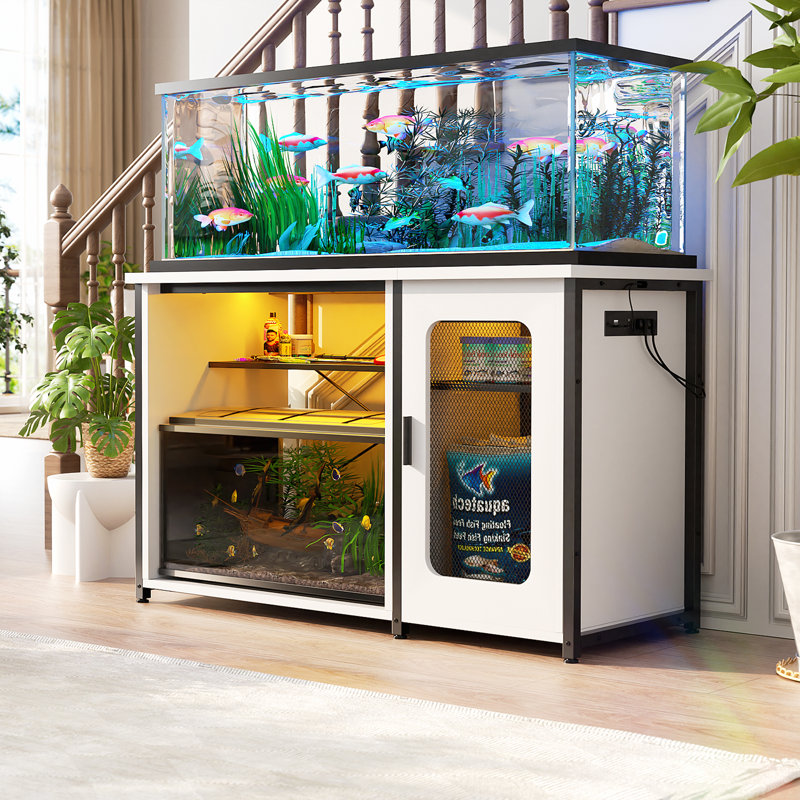 Eleodoro 55-75 Gallon Rectangle Aquarium Stand with Power Outlets & LED Light,Fish tank stand, White