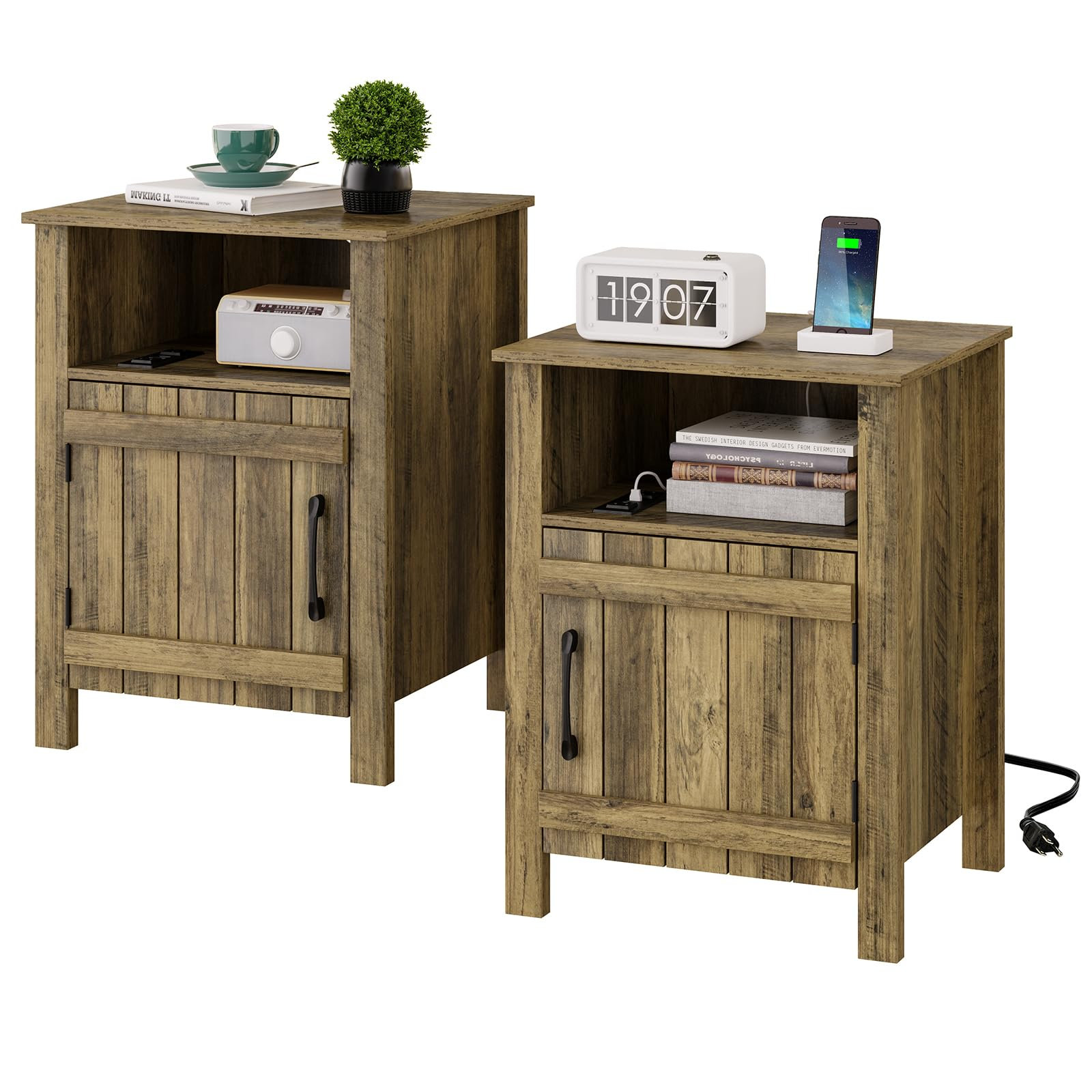 TAUS Farmhouse End Table With Storage Shelf & Charging Station – Gray Nightstand