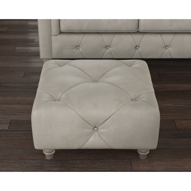 Melrose 65Cm Wide Genuine Leather Tufted Square Ottoman, Cloud Grey, Washed Oak