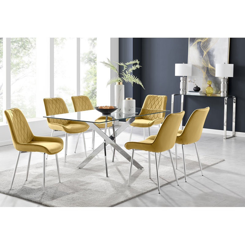 Lenworth Glass Rectangular Dining Table Set with 6 Luxury Velvet Chairs, Black/Silver, Silver