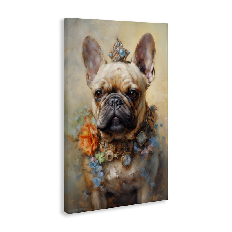 Bouledogue français avec toile ornée de bijoux, design par Wumples, H 30 po x l 20 po