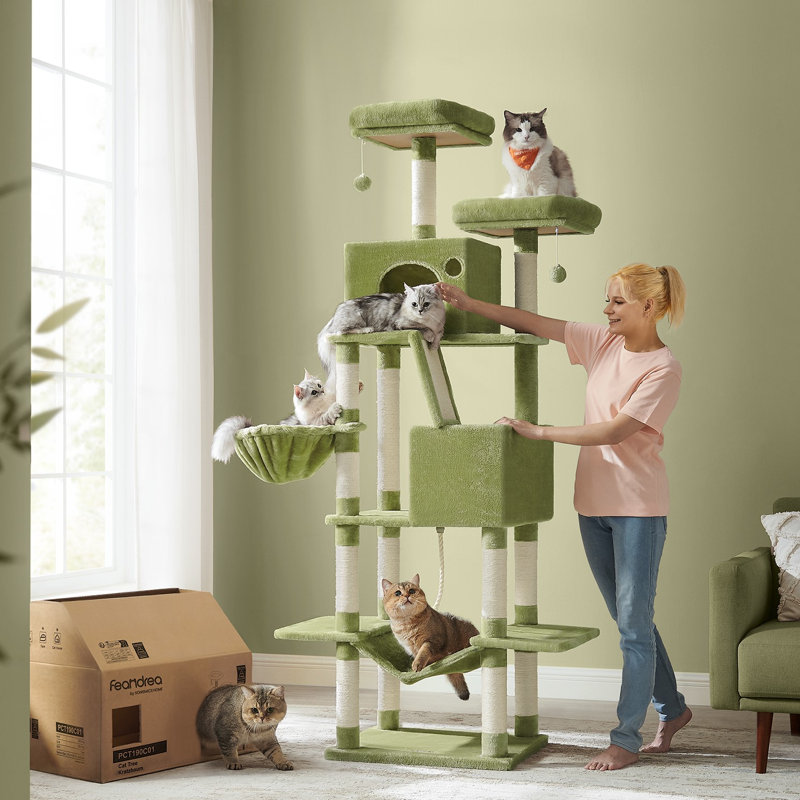 Arbre à chat 81,1 po avec 13 poteaux à griffer, condo pour chat à plusieurs niveaux, Vert