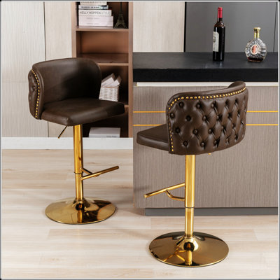 Swivel Bar Stools(Set of 2)– Adjustable Height, PU Upholstered, Full Back Tufted