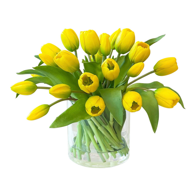 Real Touch Faux Tulip Arrangement In Glass Vase, Yellow