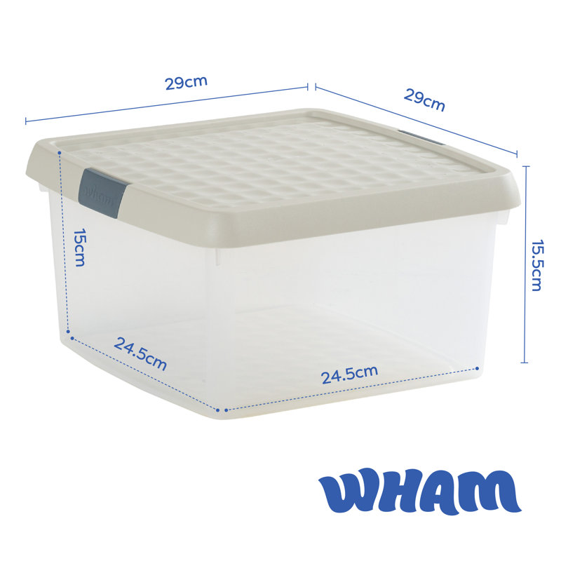 Wham Clip 5x 9L Square Plastic Storage Boxes with Secure Clip Lock Lids. L:29 x W:29 x H:15.5cm Clear/Green Milieu/Stone