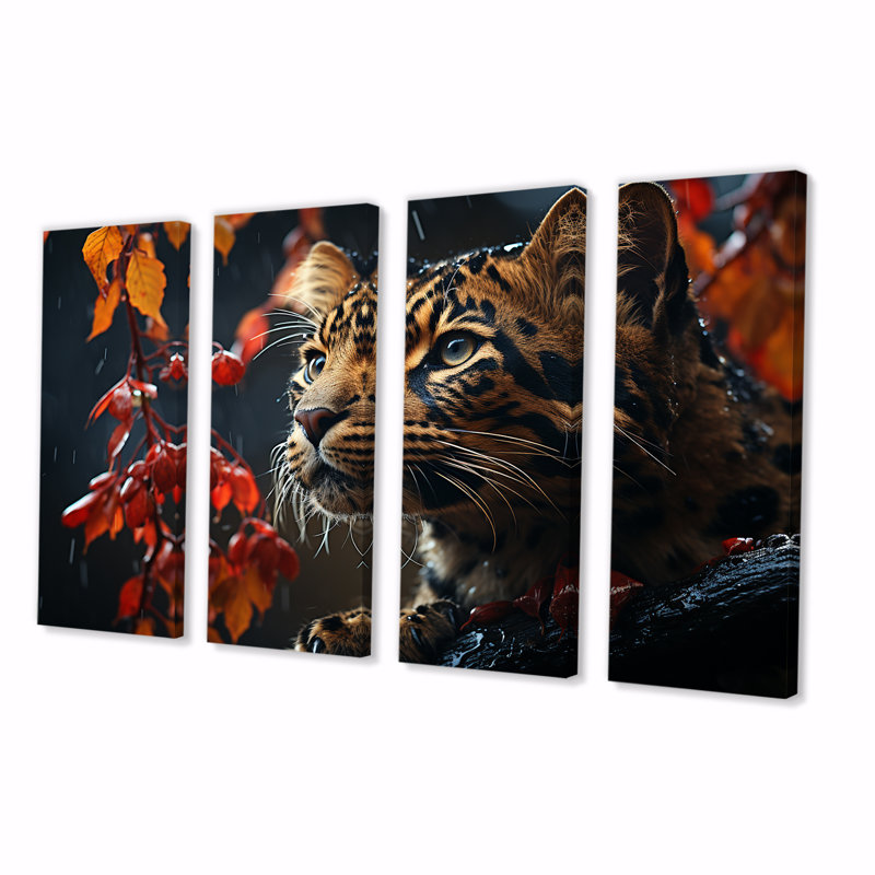 Leopard Photo In Autumn I - Leopard 4 Piece Wall Art Decor, 28" H x 48" W