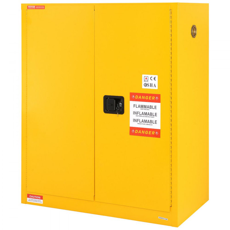 Armoire de rangement inflammable 30 gallons, 43,1 x 18,1 x 50,1 pouces en acier laminé à froid et liquide antidéflagrant avec 1 tablette réglable et 2 portes à fermeture manuelle pour usage industriel, jaune