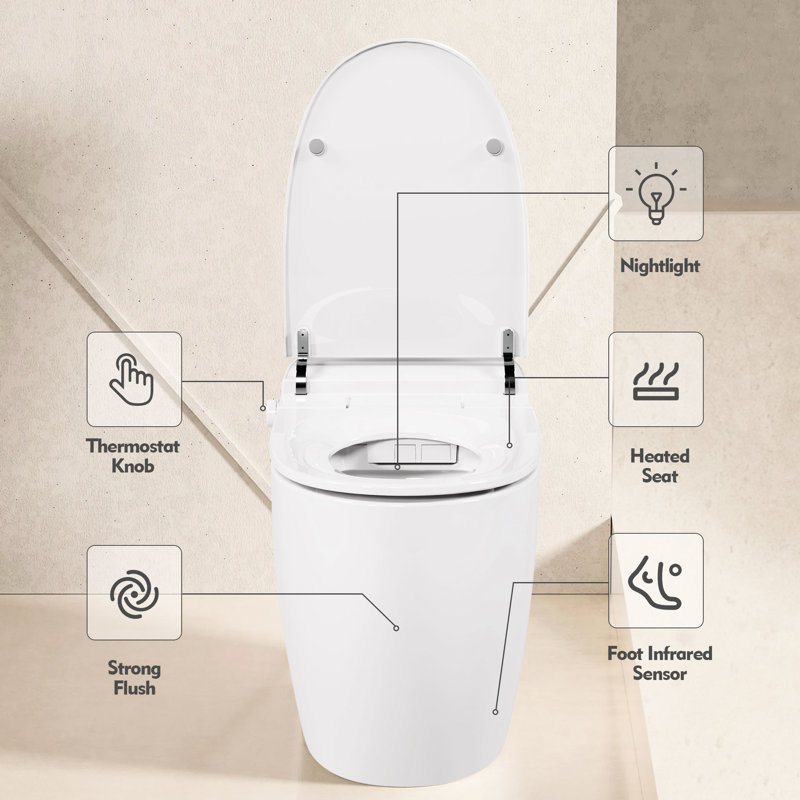 Toilette intelligente en céramique à siège chauffant, signal de chasse automatique en une pièce, marque de capteur de pied, perspective de panne de courant, couvercle de toilette à fermeture en douceur, nuit blanche, indicateur de processus de commande à bouton, chance, mode