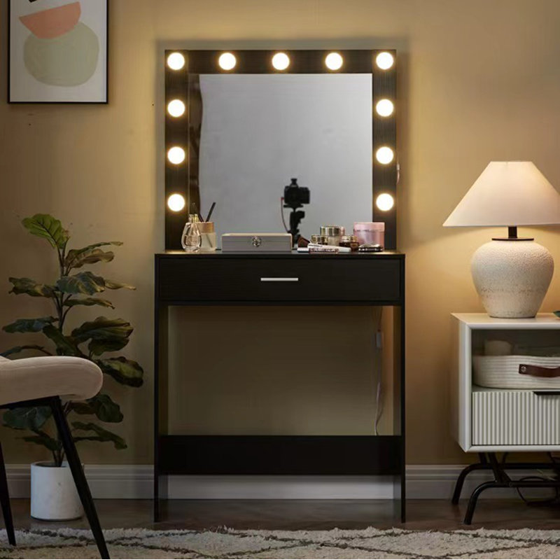 Elegant Black Vanity Desk with Mirror & Adjustable Lights, Large Drawer Dressing Table with 3 Modes