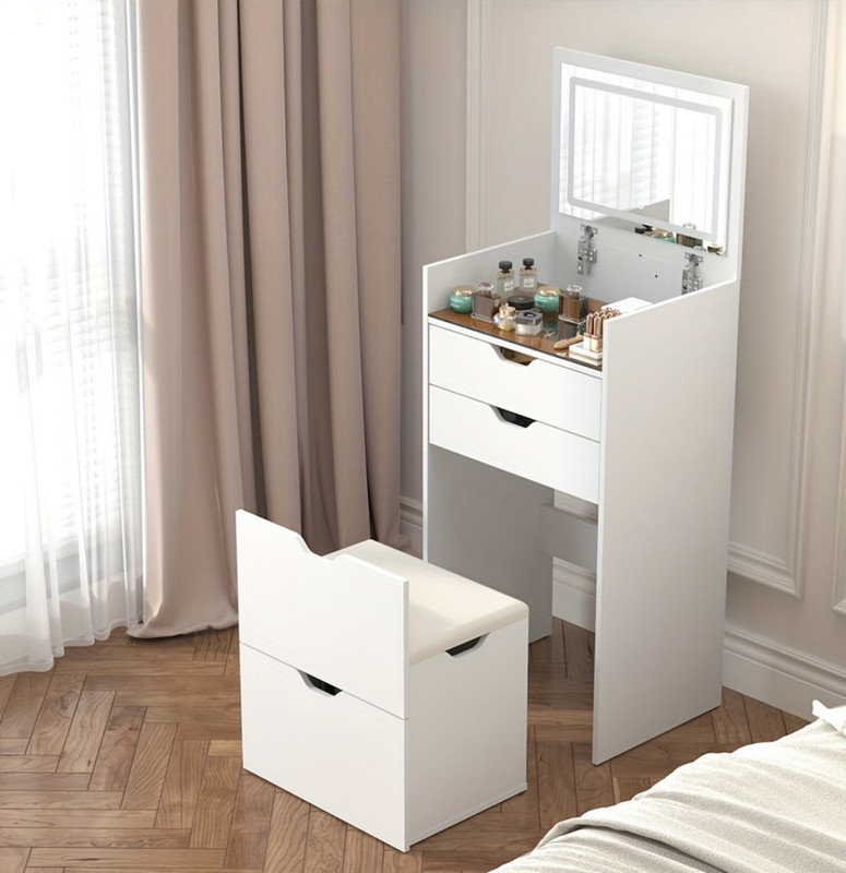 Coiffeuse et tabouret, ensemble de coiffeuse multifonctionnel 3-en-1, comprenant trois modes d'éclairage, miroir HD, deux tiroirs coulissants et tabouret de rangement caché
