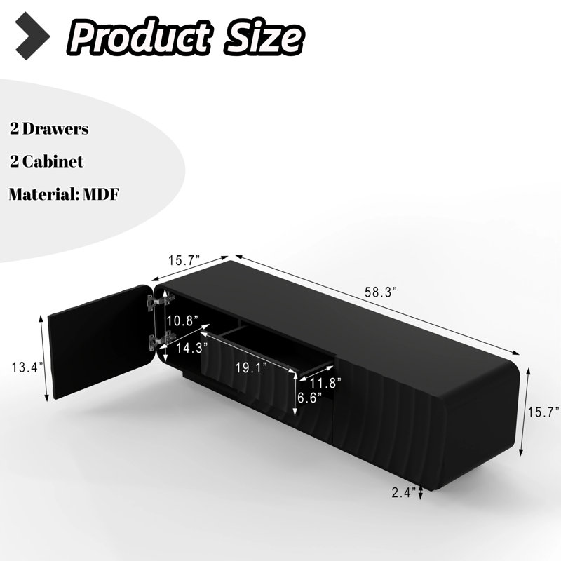 58'' Mid-Century Modern Fluted Wave TV Stand with 2 Drawers & Storage Cabinet，Rounded Corners Media Console, Black, 58" L
