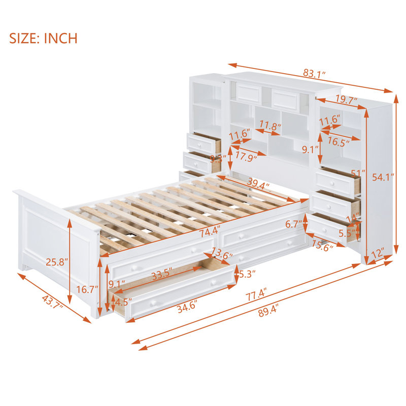 Lit plateforme simple en bois avec armoire de rangement intégrée et 8 tiroirs - Mobilier de chambre à coucher, blanc, Blanc