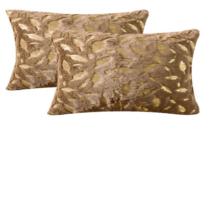 Ensemble de 2 coussins décoratifs en fausse fourrure à motif de plumes dorées (insert inclus)