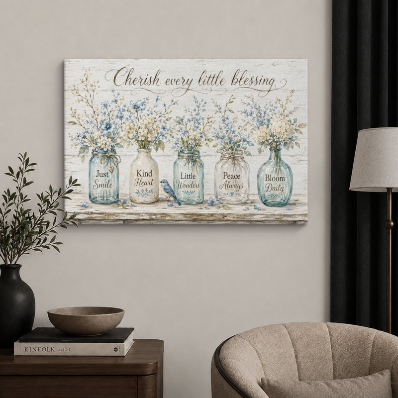 «Cherish Every Little Blessing Blue Floral Vase», images de salon, impression sur toile encadrée, Toile tendue