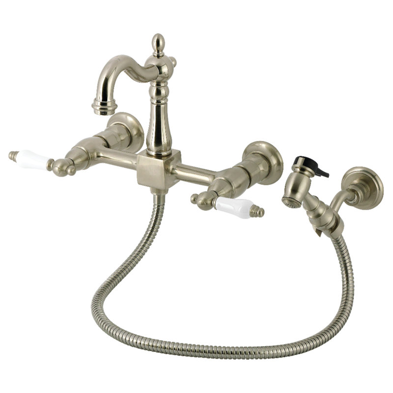 Kingston Brass Heritage Double-Handle 3-Hole Wall-Mount Bridge Kitchen Faucet With Brass Sprayer, Brushed Nickel