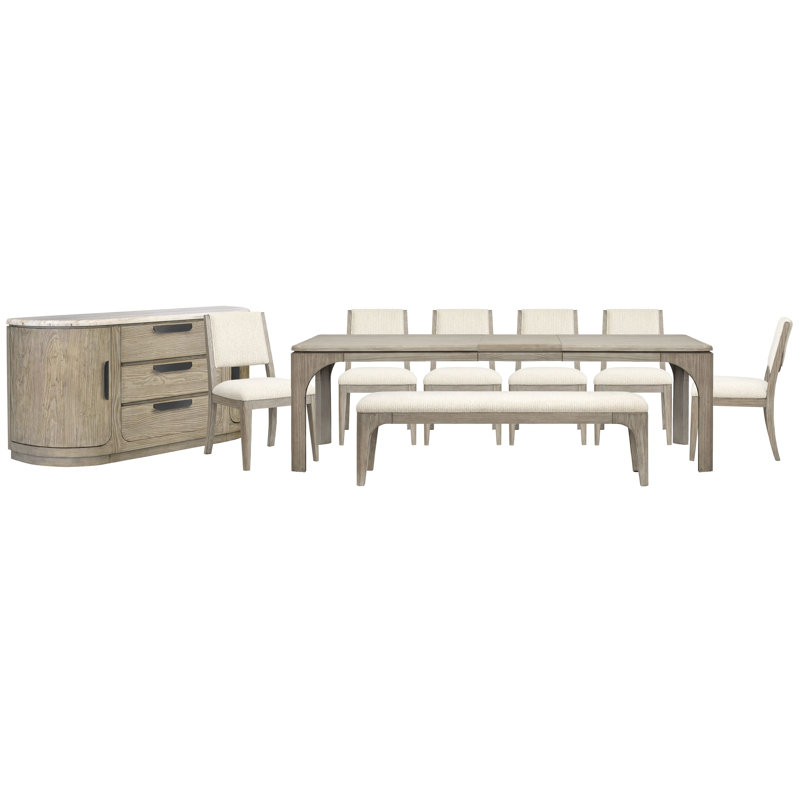 Table de salle à manger extensible rectangulaire avec banc et 6 chaises d'appoint, 9 pièces: table, 6 chaises, banc, buffet