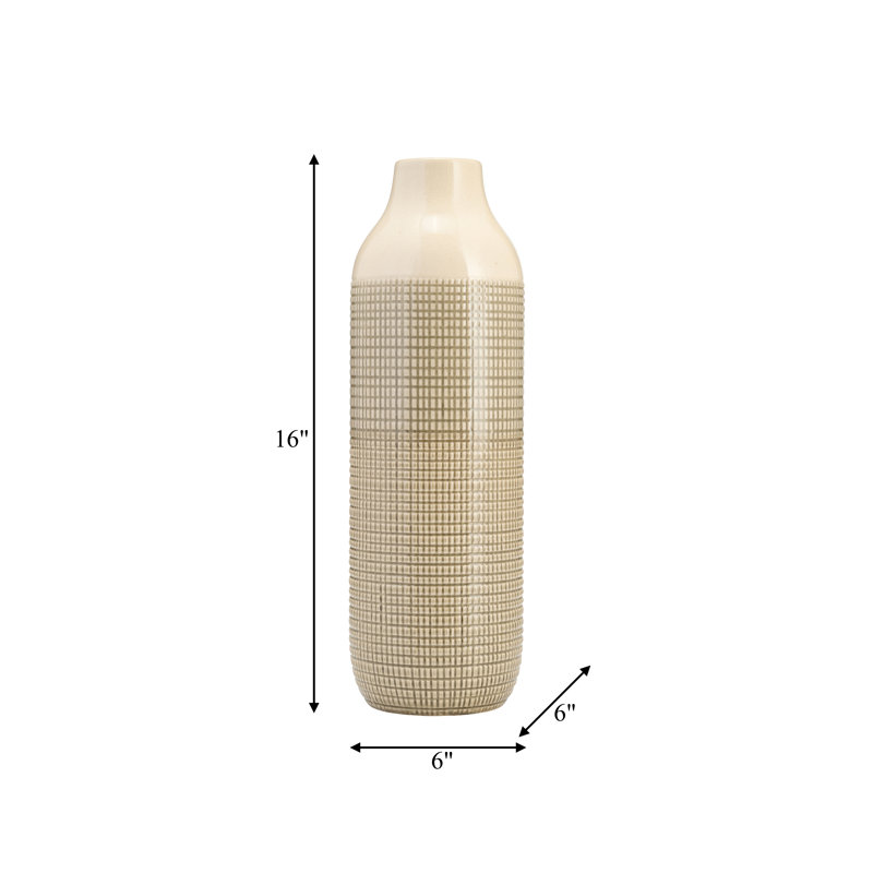 Chartres Stoneware Ceramic Vase - Textured Casual Home Decor Accent with Grid Relief Design, 16" H x 6" W x 5" D, Beige