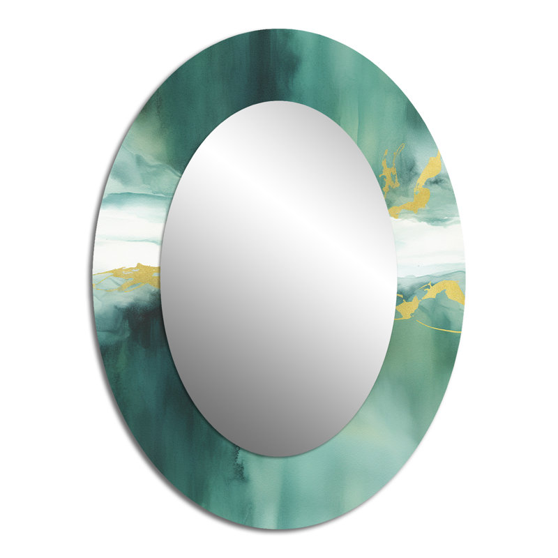 Blue Watercolor Impression With Gold V - Abstract Oval Decorative Mirror On Metal, 40" x 30"