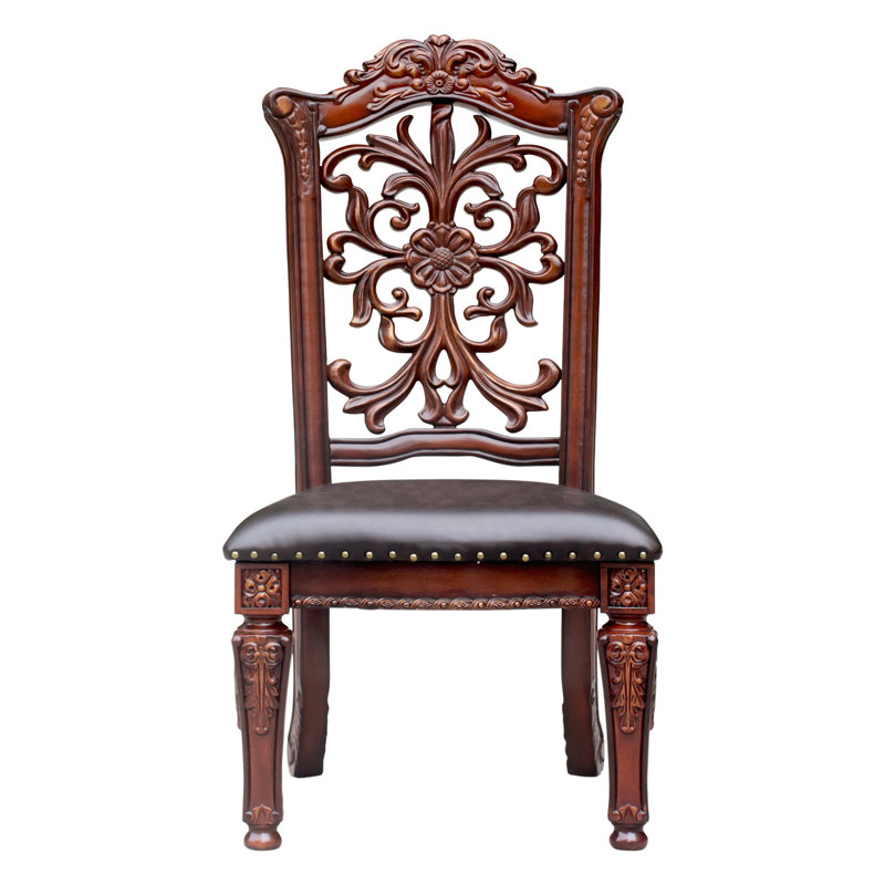 Chaises d'appoint en cerisier brun pour 2 personnes - Coussin de siège rembourré en PU avec garniture cloutée, tablier en bois sophistiqué à motif floral moulé, pieds fuselés 2