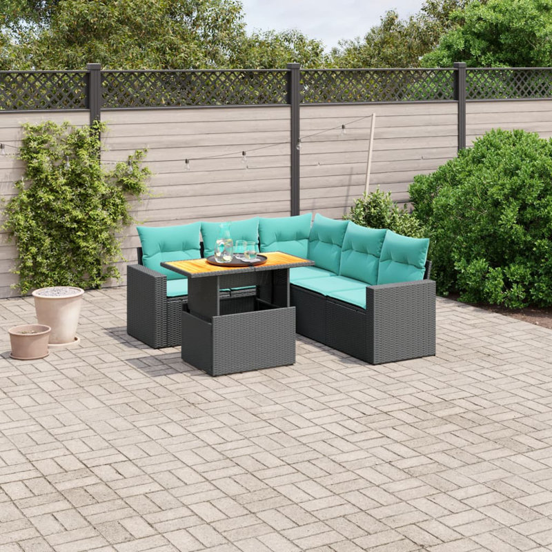 Ensemble de canapé de patio 6 pièces avec coussins en rotin de polyester, Bleu clair, Noir