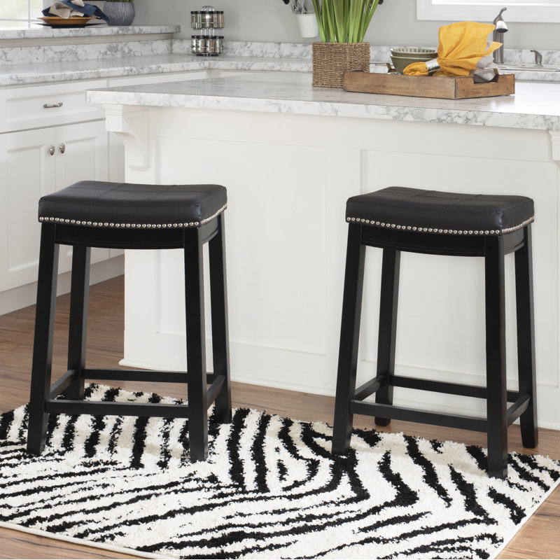 Arlyce 26.5" Solid Wood Backless Counter Stool with Vegan Leather Upholstered Seat, Black, Counter Stool (26.5" Seat Height)
