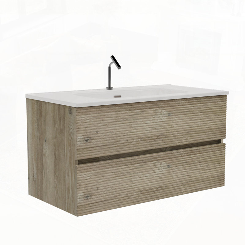 Meuble-lavabo mural avec lavabo en céramique intégré et trop-plein, Chêne