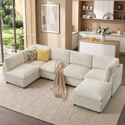 130" Oversized Corduroy Modular Sectional Sofa with Ottoman, 6-Seater Couch for Living Room, Beige